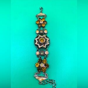 Vintage Brass Bracelet. Revival Filigree Amber Rinesthone & Enamel